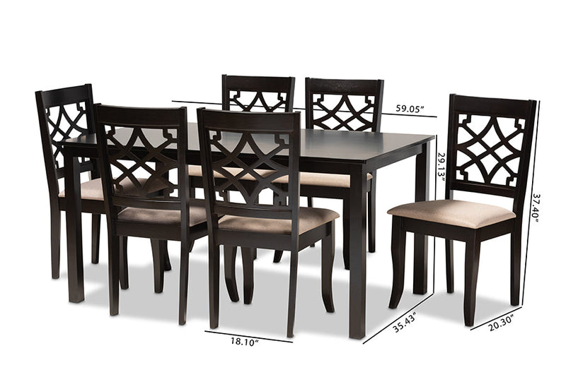 Meike Sand Fabric Upholstered and Espresso Brown 7-Piece Dining Set Baxton