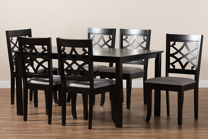 Meike Gray Fabric Upholstered and Dark Brown 7-Piece Dining Set Baxton