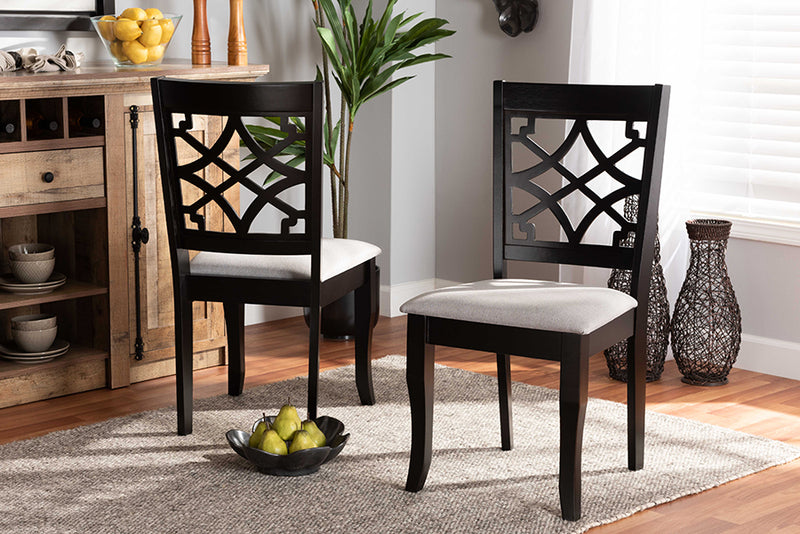 Meike Modern and Contemporary Gray Fabric Upholstered and Dark Brown Finished Wood 2-Piece Dining Chair Set