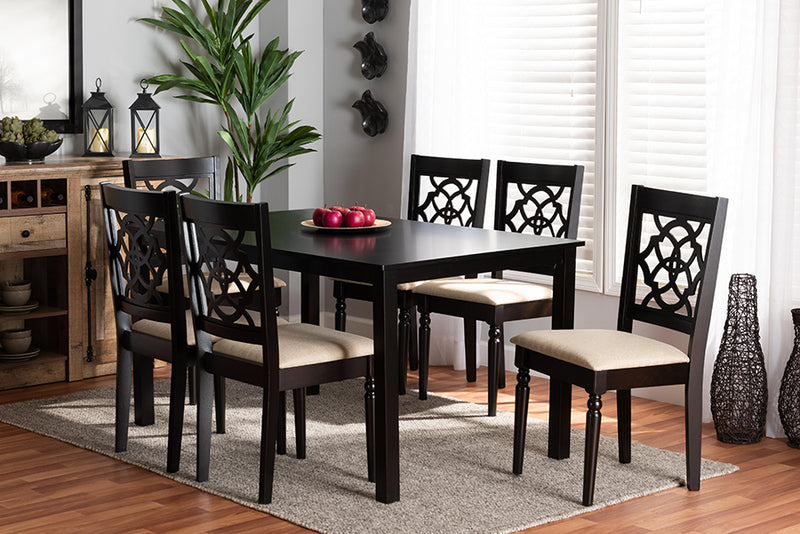 Papua Modern and Contemporary Sand Fabric Upholstered and Dark Brown Finished Wood 7-Piece Dining Set