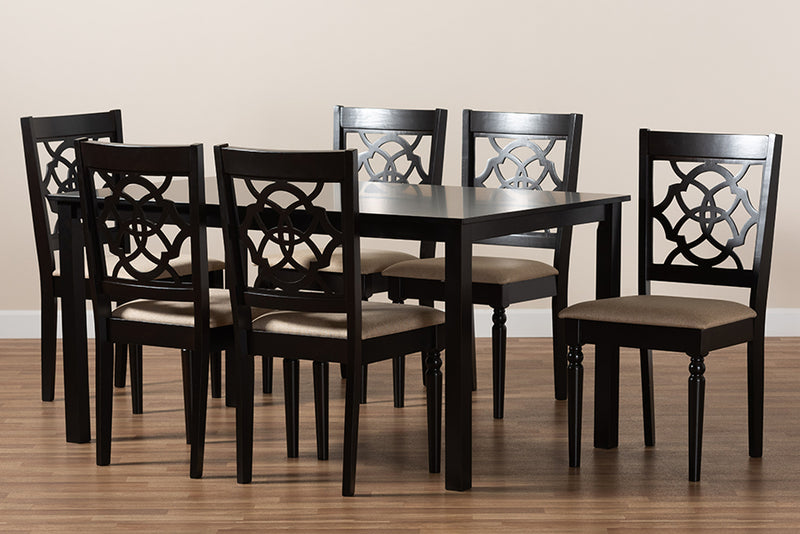 Papua Modern and Contemporary Sand Fabric Upholstered and Dark Brown Finished Wood 7-Piece Dining Set