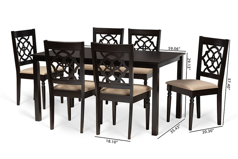 Papua Modern and Contemporary Sand Fabric Upholstered and Dark Brown Finished Wood 7-Piece Dining Set