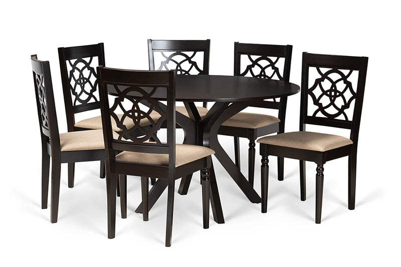 Milena Modern and Contemporary Sand Fabric Upholstered and Dark Brown Finished Wood 7-Piece Dining Set