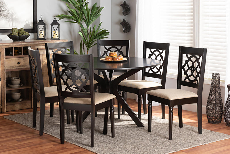 Milena Modern and Contemporary Sand Fabric Upholstered and Dark Brown Finished Wood 7-Piece Dining Set