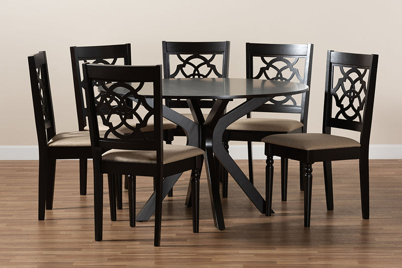 Milena Modern and Contemporary Sand Fabric Upholstered and Dark Brown Finished Wood 7-Piece Dining Set