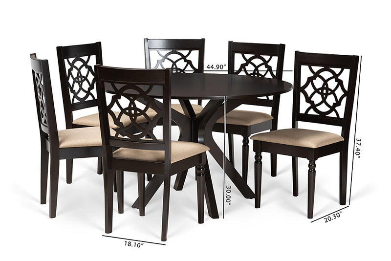 Milena Modern and Contemporary Sand Fabric Upholstered and Dark Brown Finished Wood 7-Piece Dining Set