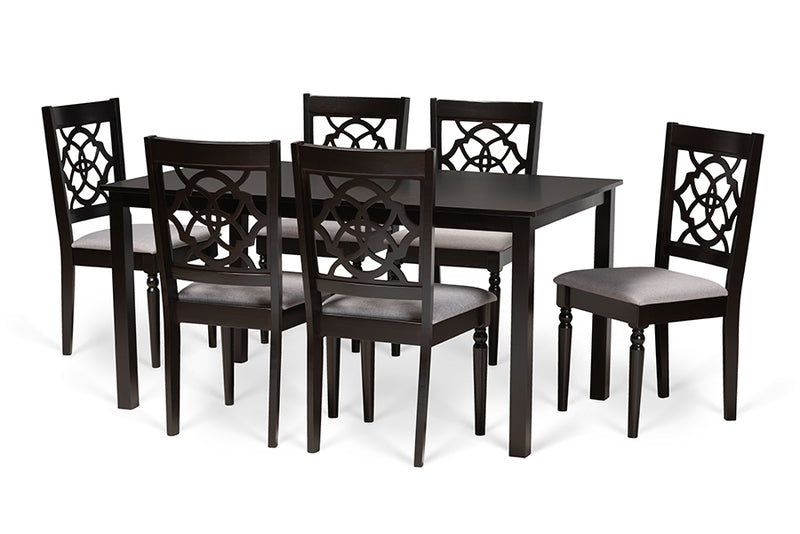 Papua Modern and Contemporary Gray Fabric Upholstered and Dark Brown Finished Wood 7-Piece Dining Set