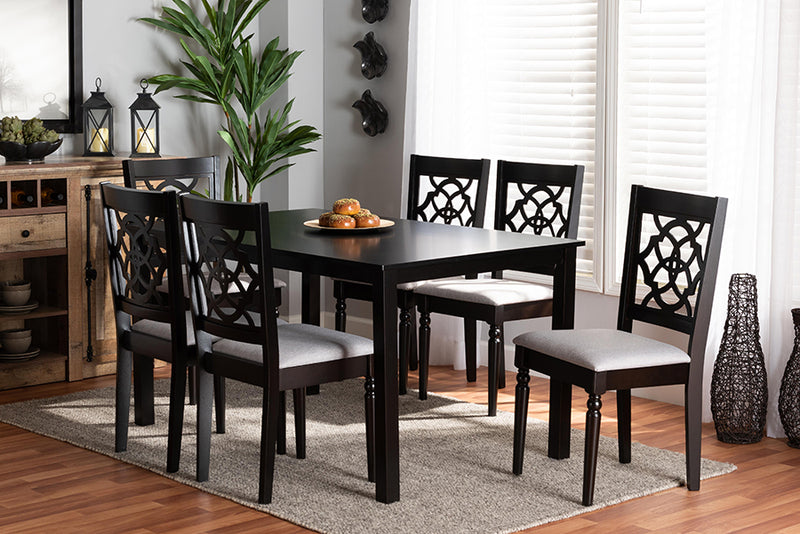 Papua Modern and Contemporary Gray Fabric Upholstered and Dark Brown Finished Wood 7-Piece Dining Set