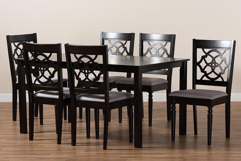 Papua Modern and Contemporary Gray Fabric Upholstered and Dark Brown Finished Wood 7-Piece Dining Set