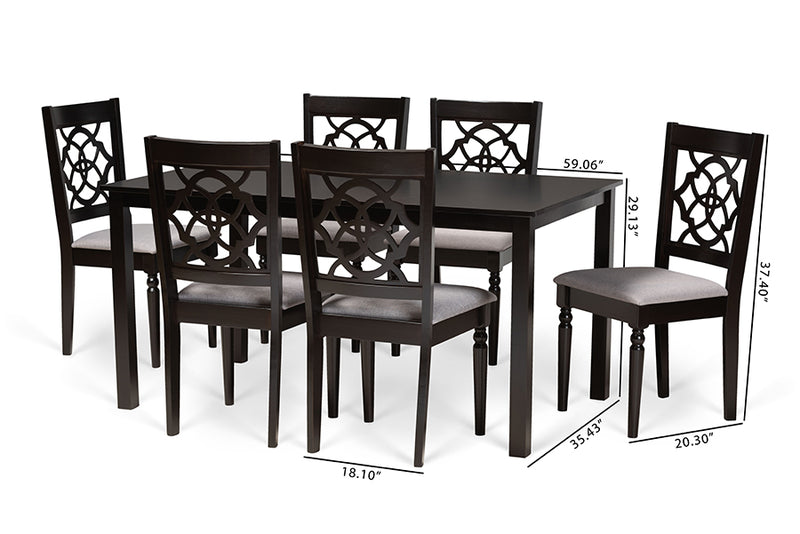 Papua Modern and Contemporary Gray Fabric Upholstered and Dark Brown Finished Wood 7-Piece Dining Set