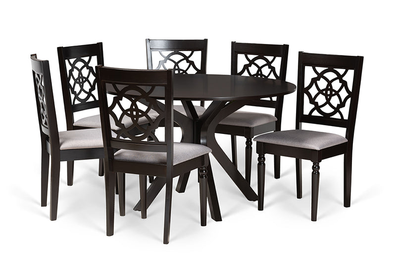 Milena Modern and Contemporary Gray Fabric Upholstered and Dark Brown Finished Wood 7-Piece Dining Set