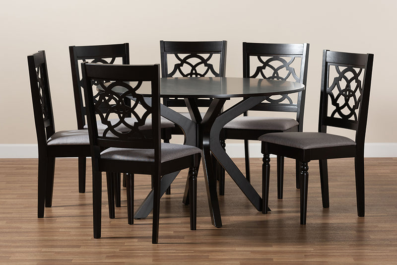 Milena Modern and Contemporary Gray Fabric Upholstered and Dark Brown Finished Wood 7-Piece Dining Set