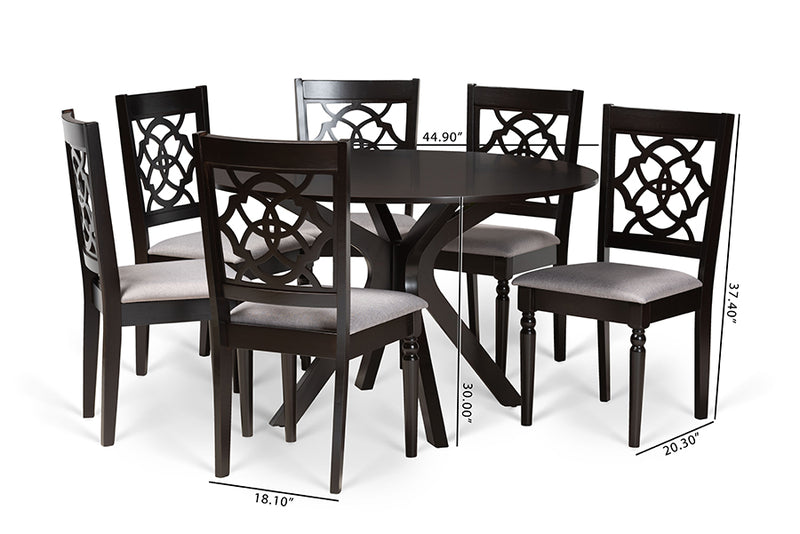 Milena Modern and Contemporary Gray Fabric Upholstered and Dark Brown Finished Wood 7-Piece Dining Set