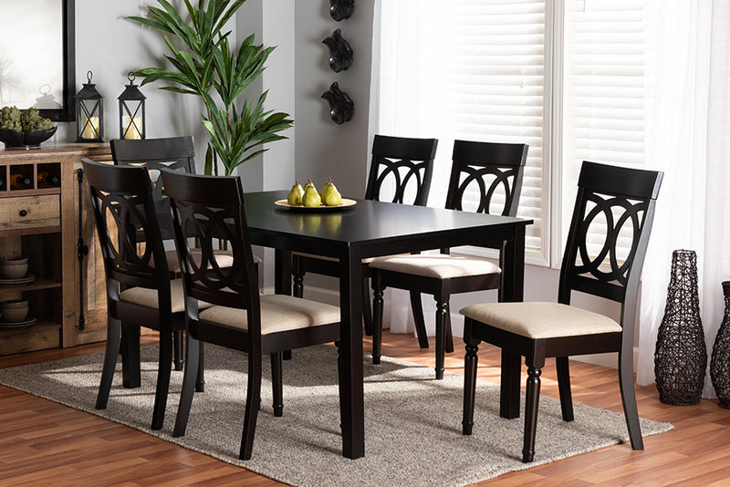 Felisa Modern and Contemporary Sand Fabric Upholstered and Dark Brown Finished Wood 7-Piece Dining Set