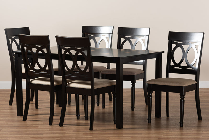 Felisa Modern and Contemporary Sand Fabric Upholstered and Dark Brown Finished Wood 7-Piece Dining Set