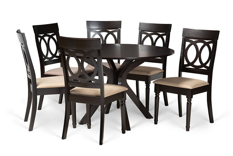 Sasa Modern and Contemporary Sand Fabric Upholstered and Dark Brown Finished Wood 7-Piece Dining Set