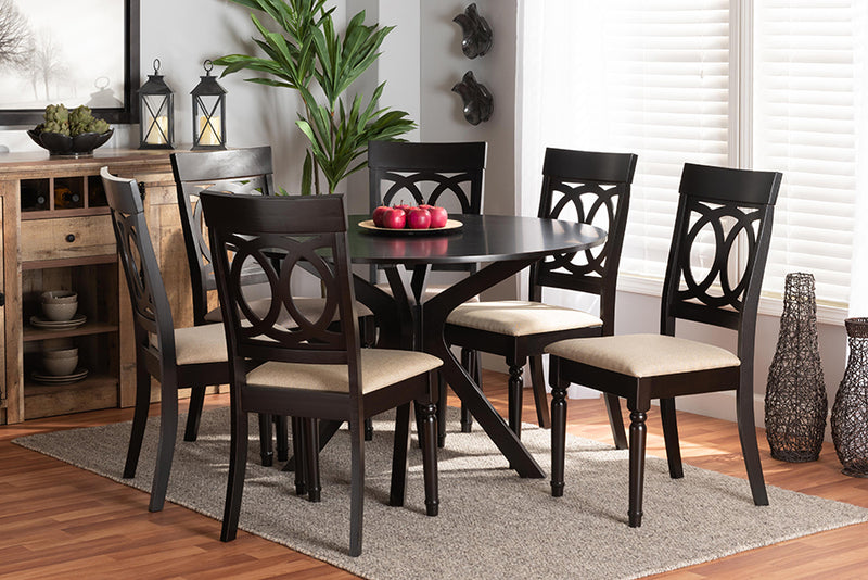 Sasa Modern and Contemporary Sand Fabric Upholstered and Dark Brown Finished Wood 7-Piece Dining Set