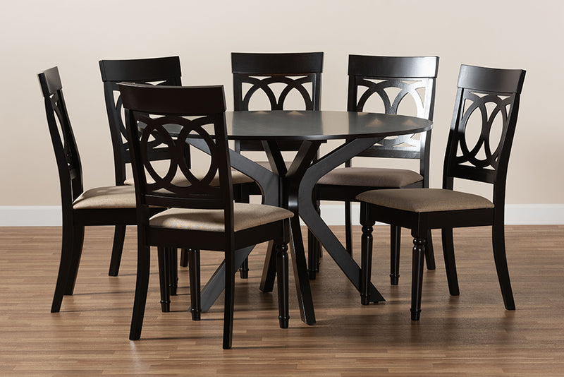 Sasa Modern and Contemporary Sand Fabric Upholstered and Dark Brown Finished Wood 7-Piece Dining Set