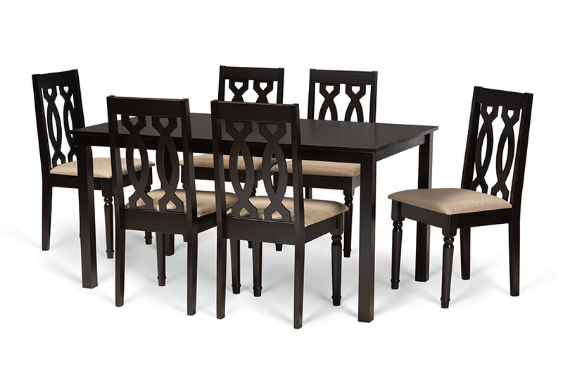 Kaira Modern and Contemporary Sand Fabric Upholstered and Dark Brown Finished Wood 7-Piece Dining Set