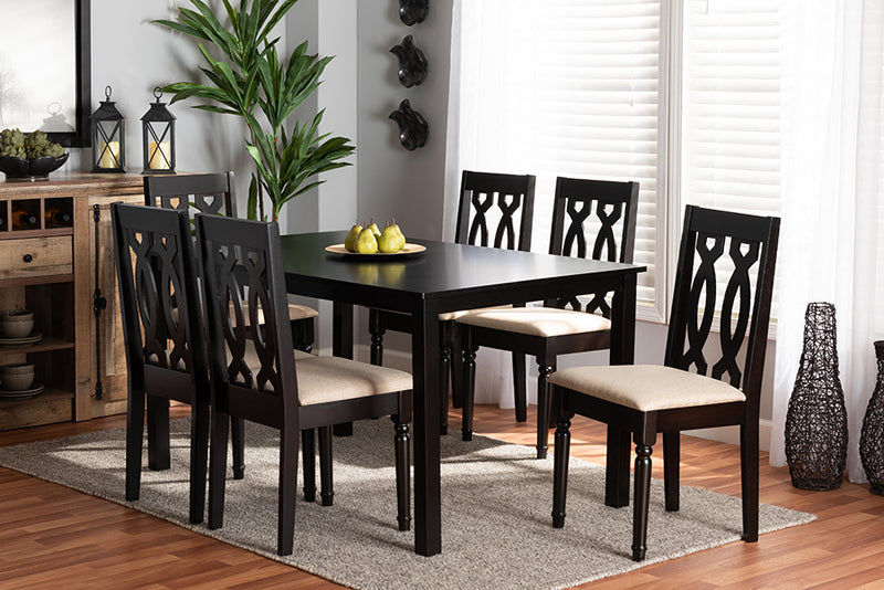 Kaira Modern and Contemporary Sand Fabric Upholstered and Dark Brown Finished Wood 7-Piece Dining Set