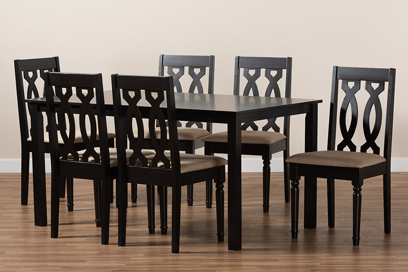 Kaira Modern and Contemporary Sand Fabric Upholstered and Dark Brown Finished Wood 7-Piece Dining Set