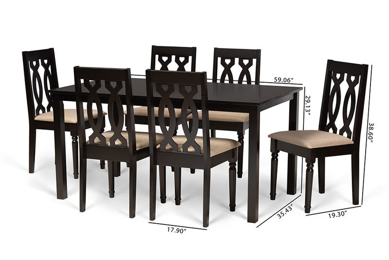 Kaira Modern and Contemporary Sand Fabric Upholstered and Dark Brown Finished Wood 7-Piece Dining Set