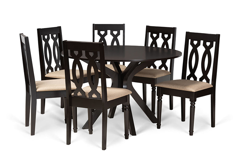 Sabriel Modern and Contemporary Sand Fabric Upholstered and Dark Brown Finished Wood 7-Piece Dining Set