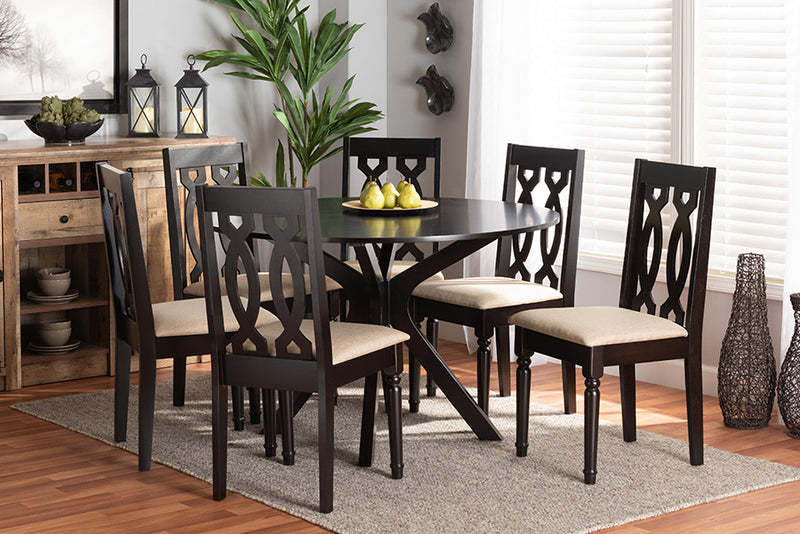 Sabriel Modern and Contemporary Sand Fabric Upholstered and Dark Brown Finished Wood 7-Piece Dining Set