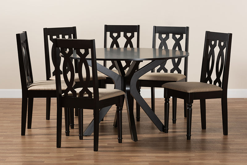 Sabriel Modern and Contemporary Sand Fabric Upholstered and Dark Brown Finished Wood 7-Piece Dining Set