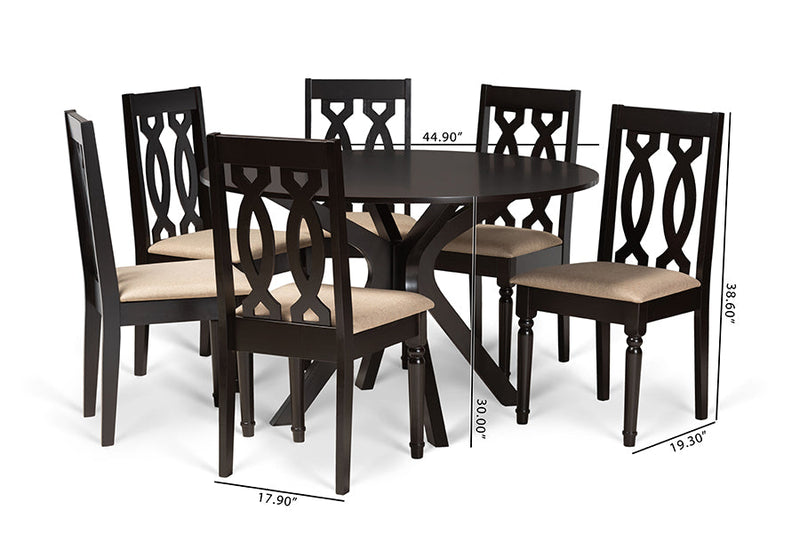 Sabriel Sand Fabric Upholstered and Dark Brown 7-Piece Dining Set Baxton