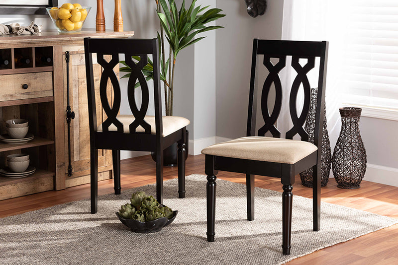 Kaira Modern and Contemporary Sand Fabric Upholstered and Dark Brown Finished Wood 2-Piece Dining Chair Set