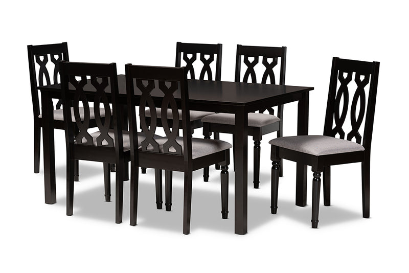 Kaira Modern and Contemporary Gray Fabric Upholstered and Dark Brown Finished Wood 7-Piece Dining Set