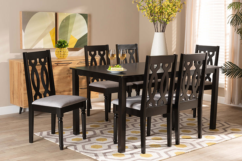 Kaira Modern and Contemporary Gray Fabric Upholstered and Dark Brown Finished Wood 7-Piece Dining Set