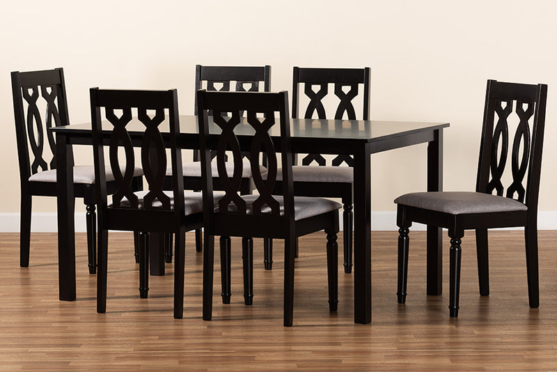 Kaira Modern and Contemporary Gray Fabric Upholstered and Dark Brown Finished Wood 7-Piece Dining Set