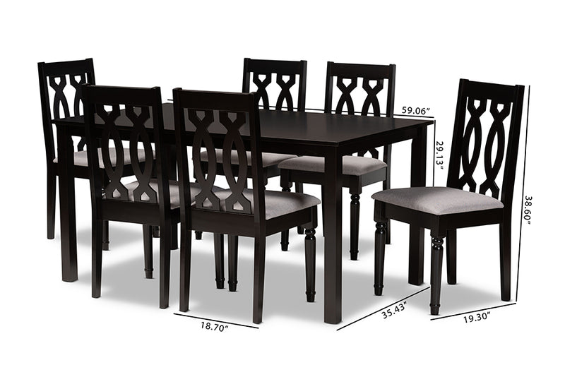 Kaira Modern and Contemporary Gray Fabric Upholstered and Dark Brown Finished Wood 7-Piece Dining Set