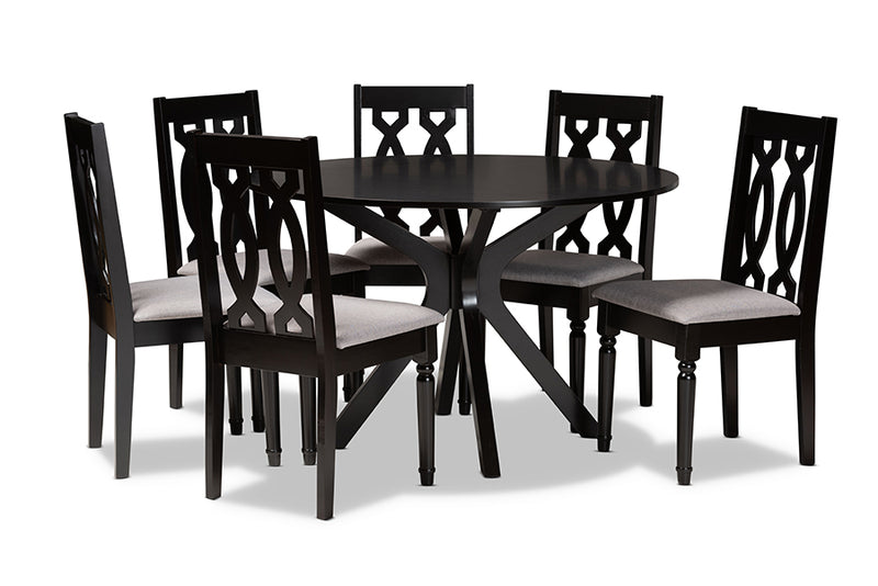 Sabriel Modern and Contemporary Gray Fabric Upholstered and Dark Brown Finished Wood 7-Piece Dining Set