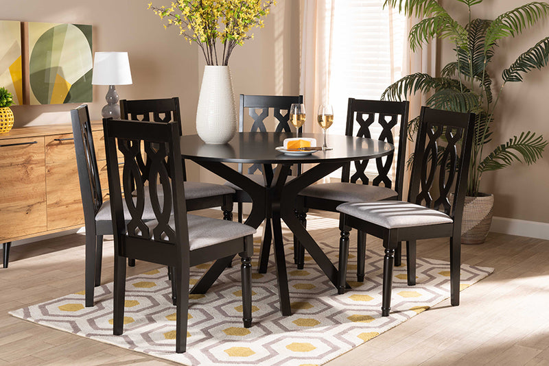 Sabriel Modern and Contemporary Gray Fabric Upholstered and Dark Brown Finished Wood 7-Piece Dining Set