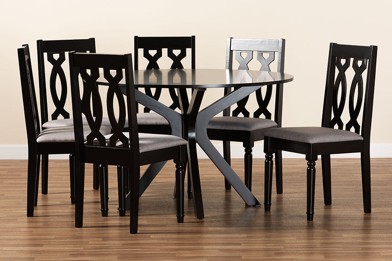 Sabriel Modern and Contemporary Gray Fabric Upholstered and Dark Brown Finished Wood 7-Piece Dining Set