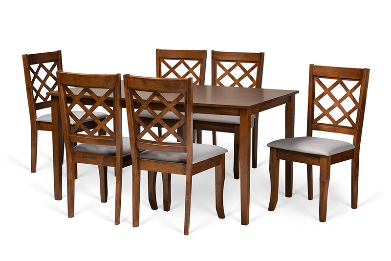 Pamela Modern and Contemporary Gray Fabric Upholstered and Walnut Brown Finished Wood 7-Piece Dining Set