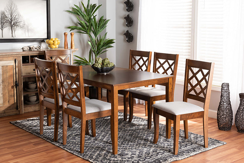 Pamela Gray Fabric Upholstered and Walnut Brown 7-Piece Dining Set Baxton