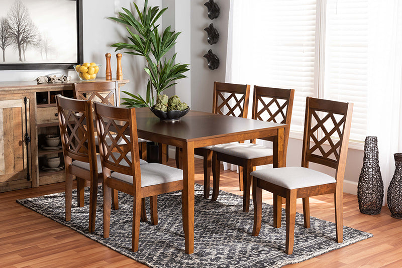 Pamela Modern and Contemporary Gray Fabric Upholstered and Walnut Brown Finished Wood 7-Piece Dining Set