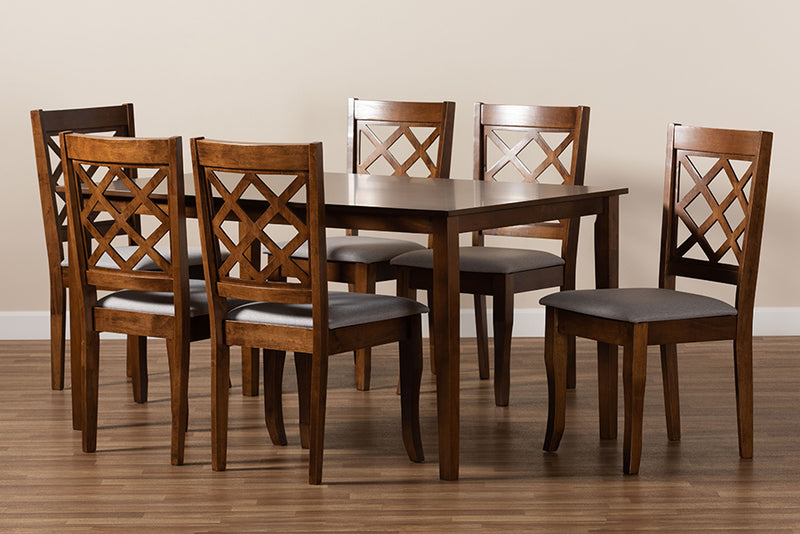 Pamela Modern and Contemporary Gray Fabric Upholstered and Walnut Brown Finished Wood 7-Piece Dining Set