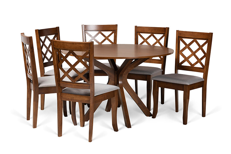 Addison Modern and Contemporary Gray Fabric Upholstered and Walnut Brown Finished Wood 7-Piece Dining Set