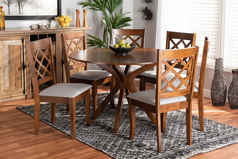 Addison Modern and Contemporary Gray Fabric Upholstered and Walnut Brown Finished Wood 7-Piece Dining Set