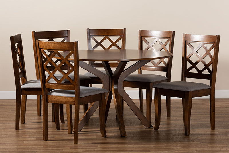 Addison Modern and Contemporary Gray Fabric Upholstered and Walnut Brown Finished Wood 7-Piece Dining Set