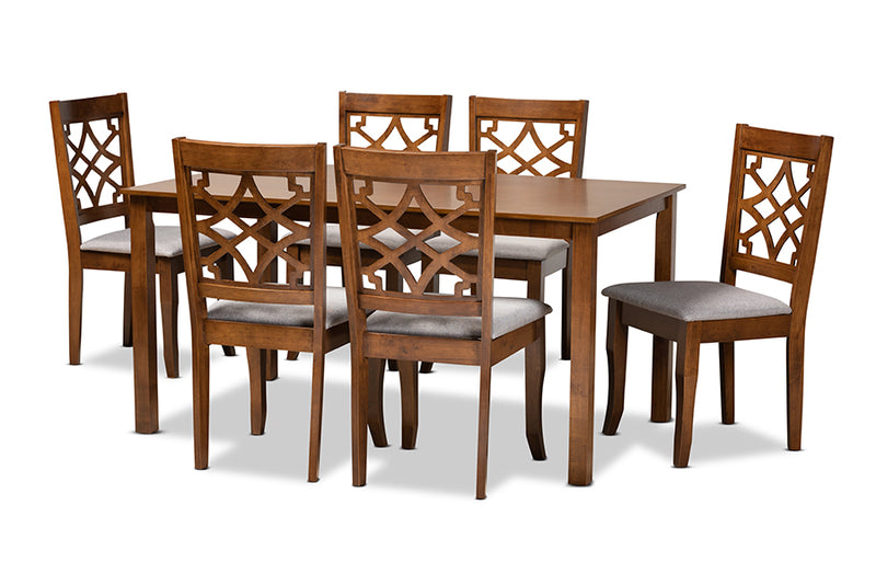 Meike Modern and Contemporary Gray Fabric Upholstered and Walnut Brown Finished Wood 7-Piece Dining Set