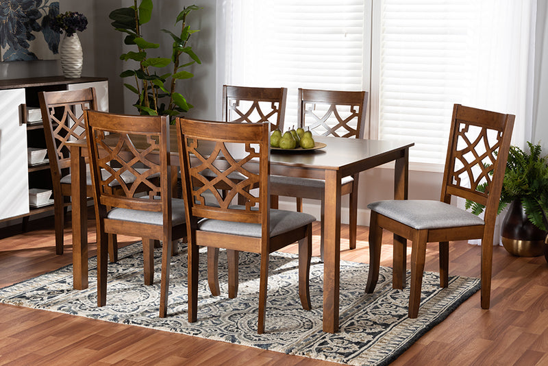 Meike Modern and Contemporary Gray Fabric Upholstered and Walnut Brown Finished Wood 7-Piece Dining Set