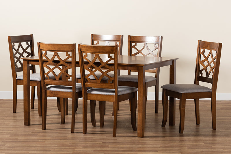 Meike Modern and Contemporary Gray Fabric Upholstered and Walnut Brown Finished Wood 7-Piece Dining Set