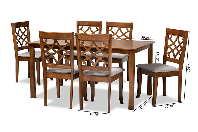 Meike Modern and Contemporary Gray Fabric Upholstered and Walnut Brown Finished Wood 7-Piece Dining Set