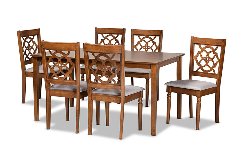 Papua Gray Fabric Upholstered and Walnut Brown 7-Piece Dining Set Baxton